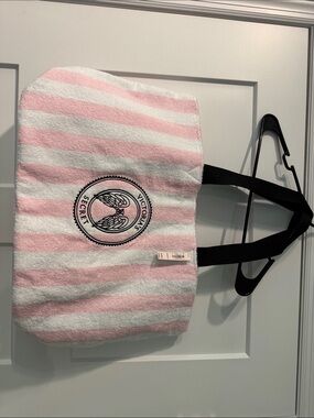 Victoria's Secret Pink & White Striped Beach Tote with Black Straps